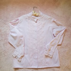 Ladies Vintage Lace Front High Neck Long Sleeve Blouse Size M